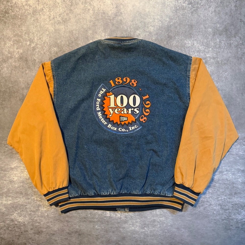 Vtg Port Authority Ford Meter Box 100 Years Denim Varsity Jacket Mens XL 1998